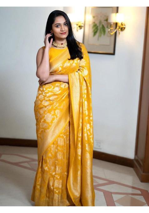 Yellow Printed Jacquard Saree Set