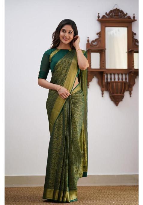 Green Woven Silk Blend Saree Set