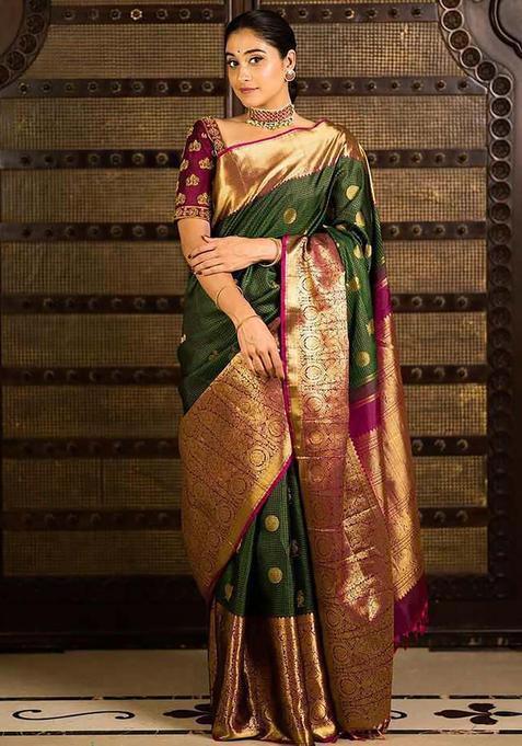 Green Woven Silk Blend Saree Set