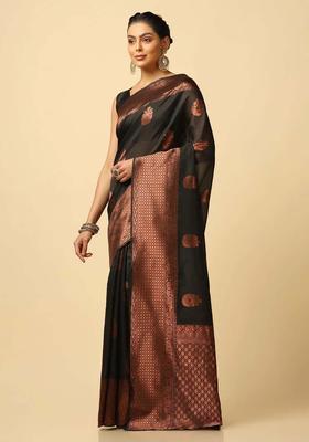 Black Woven Silk Blend Saree Set