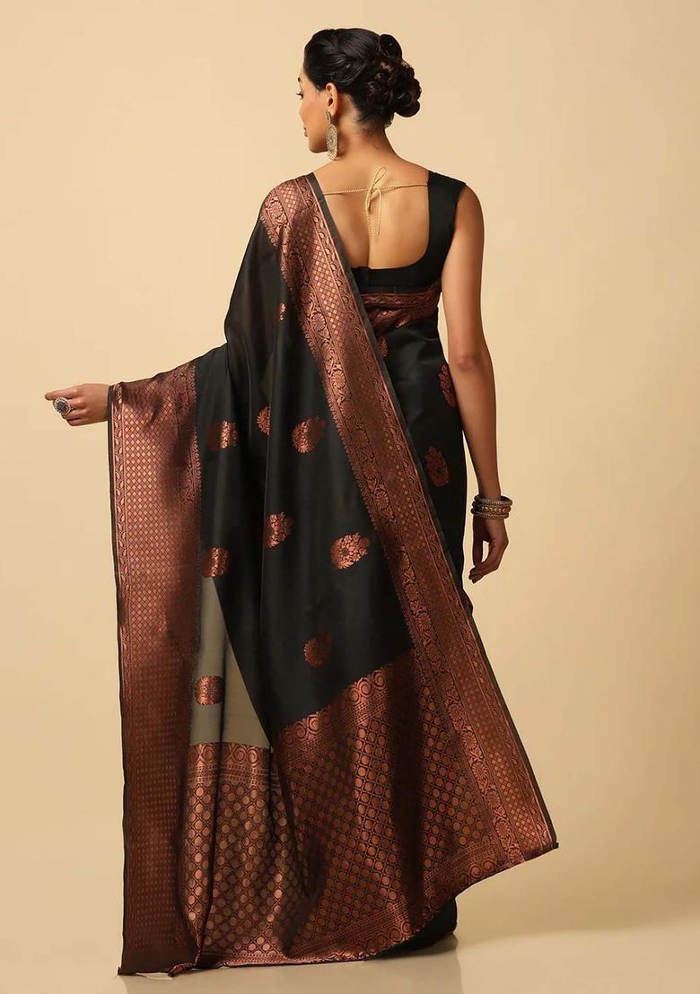 Black Woven Silk Blend Saree Set - Indya