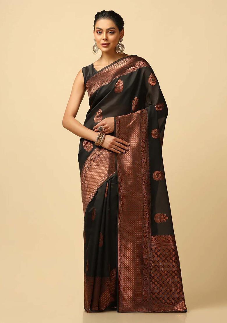 Black Woven Silk Blend Saree Set - Indya