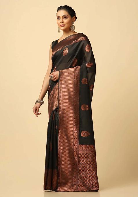 Black Woven Silk Blend Saree Set