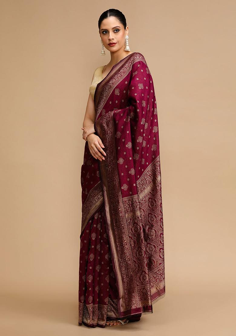 Wine Woven Jacquard Saree Set - Indya