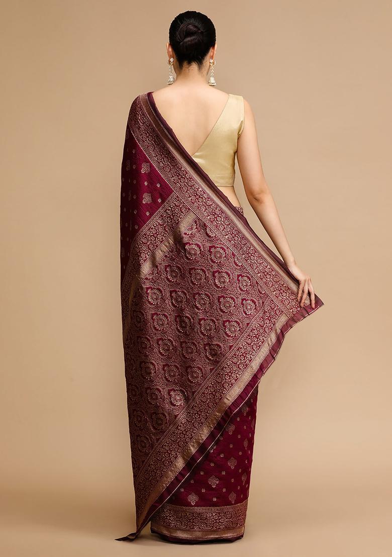 Wine Woven Jacquard Saree Set - Indya