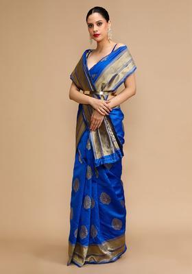 Blue Woven Jacquard Saree Set
