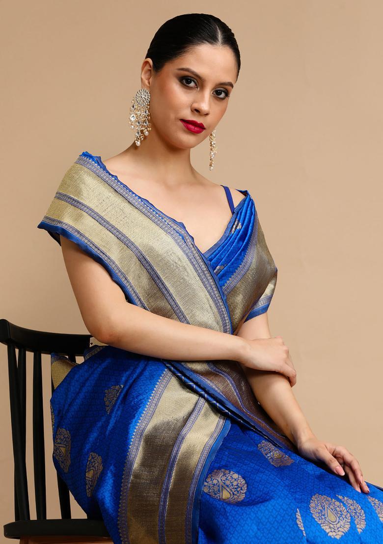 Blue Woven Jacquard Saree Set - Indya