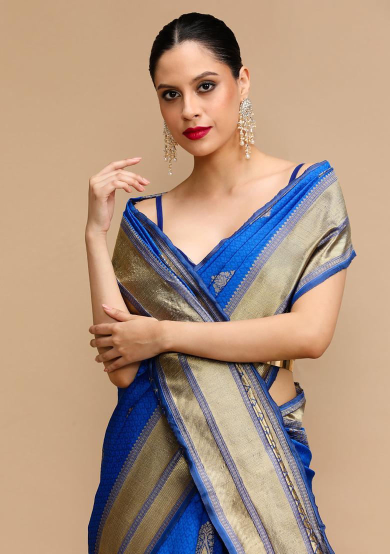 Blue Woven Jacquard Saree Set - Indya