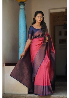 Pink Woven Silk Blend Saree Set
