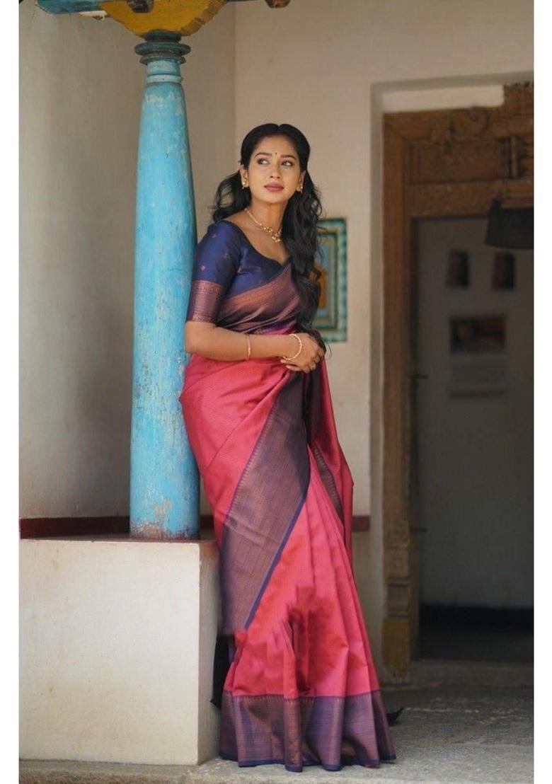 Pink Woven Silk Blend Saree Set - Indya