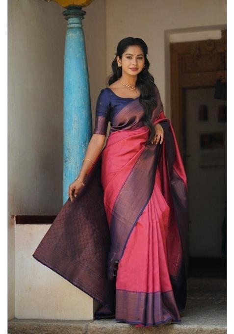 Pink Woven Silk Blend Saree Set
