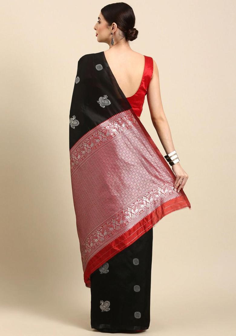 Black Woven Silk Blend Saree Set - Indya