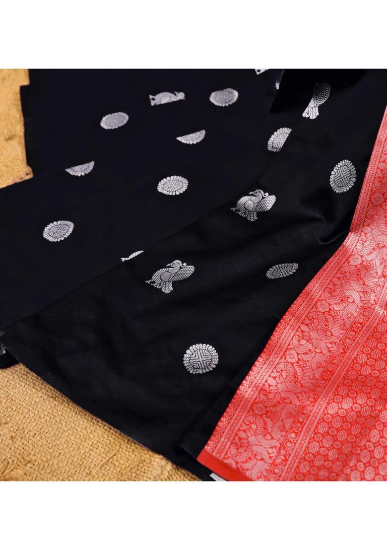 Black Woven Silk Blend Saree Set - Indya
