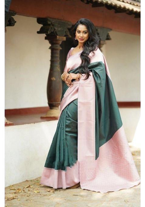 Green Woven Silk Blend Saree Set