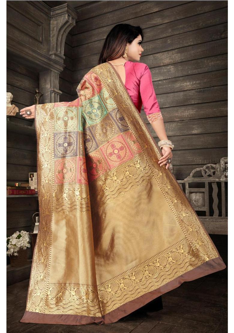 Cream Woven Silk Blend Saree Set - Indya