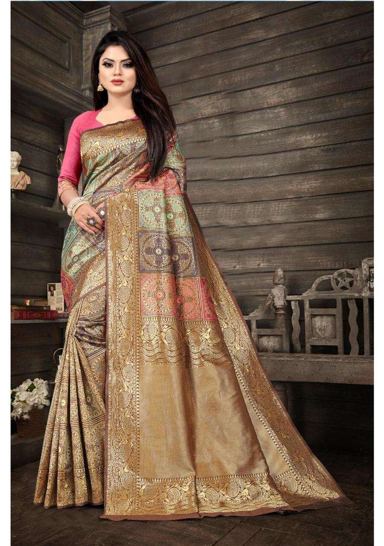 Cream Woven Silk Blend Saree Set for Diwali | Wedding & Festive Wear - Indya