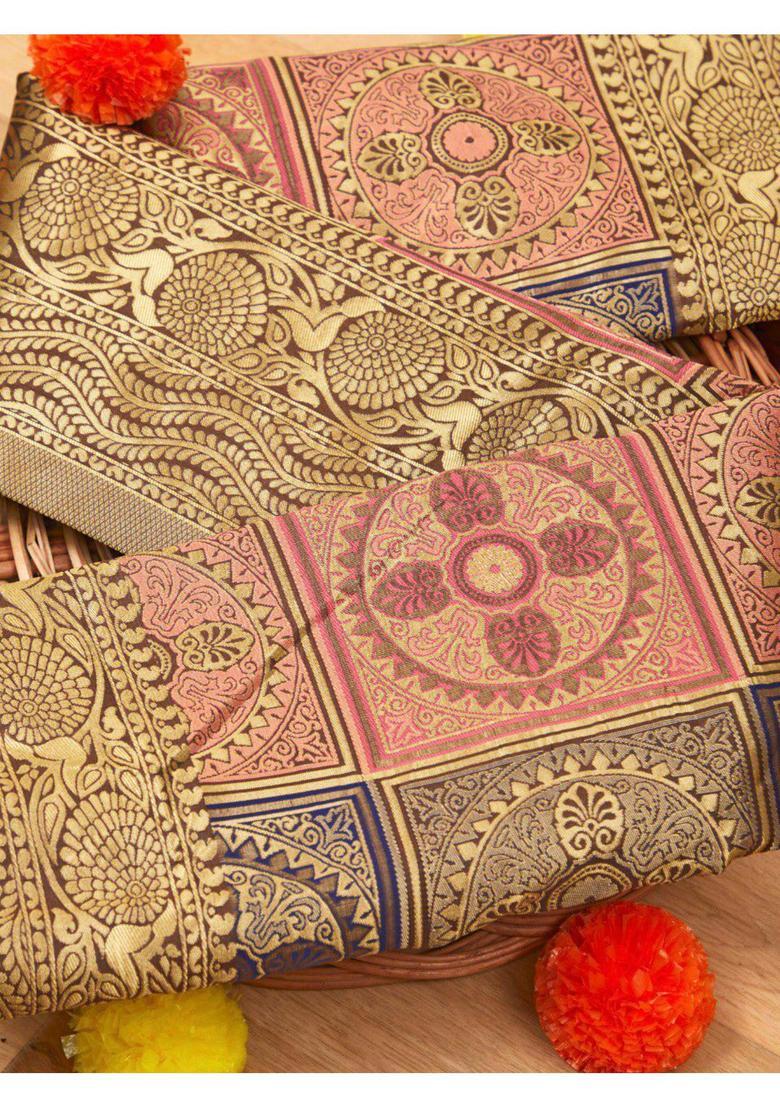 Cream Woven Silk Blend Saree Set - Indya