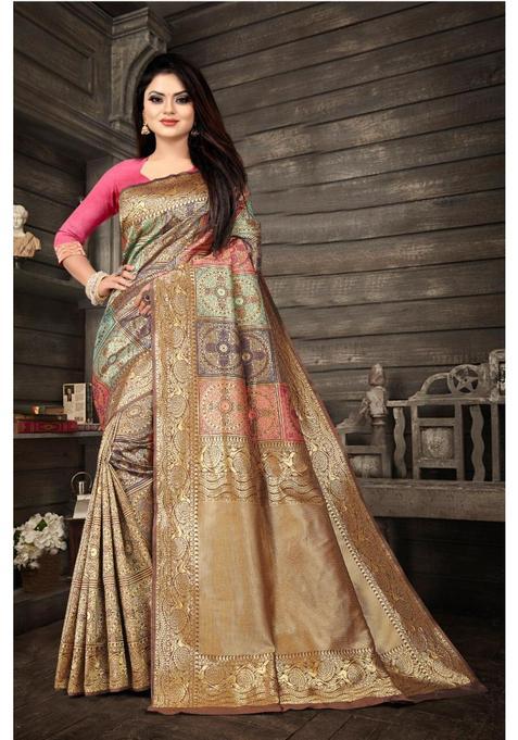Cream Woven Silk Blend Saree Set
