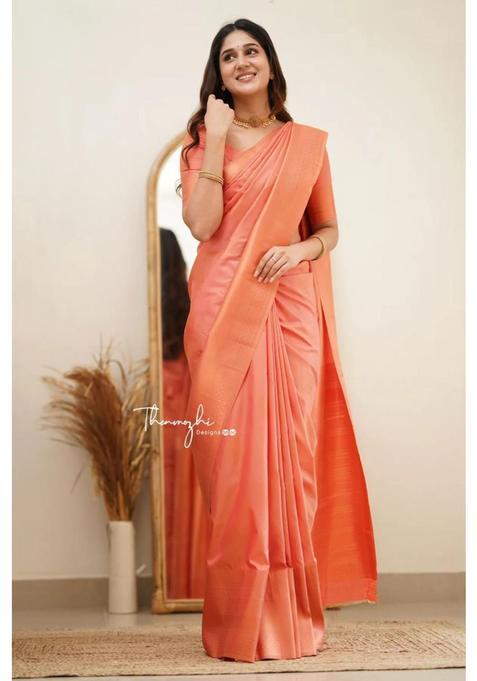 Orange Printed Jacquard Saree Set