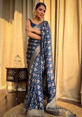 Navy Blue Woven Jacquard Saree Set