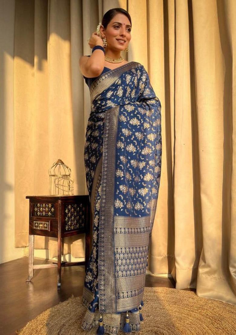 Navy Blue Woven Jacquard Saree Set - Indya