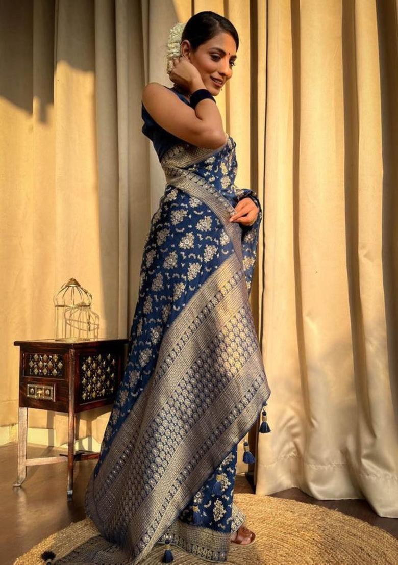 Navy Blue Woven Jacquard Saree Set - Indya