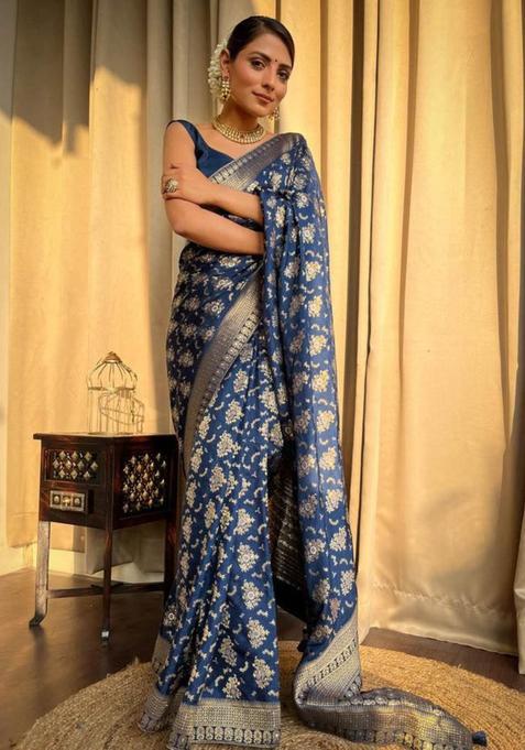 Navy Blue Woven Jacquard Saree Set