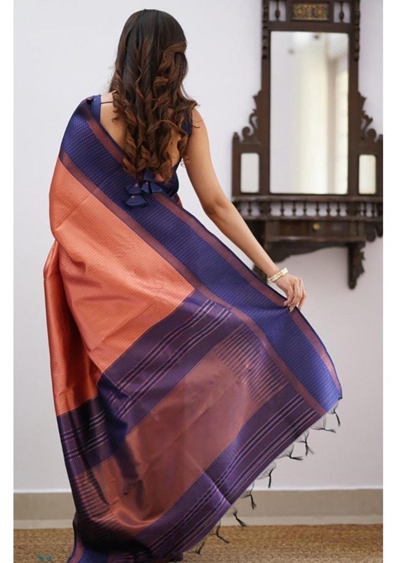 Orange Checked Silk Blend Saree Set - Indya