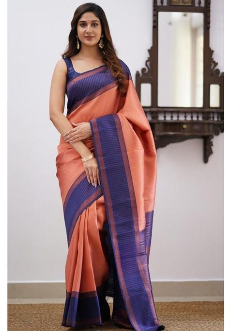 Orange Checked Silk Blend Saree Set