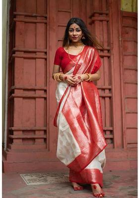 Off White Printed Jacquard Saree Set