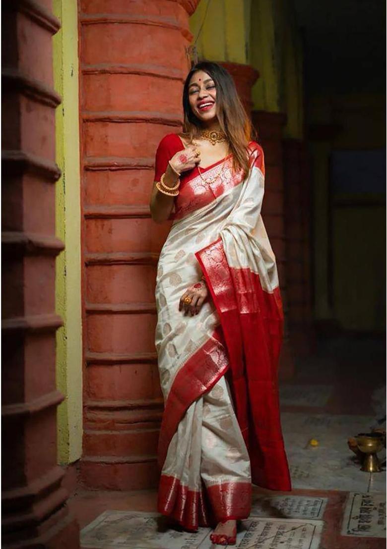 Off White Printed Jacquard Saree Set - Indya