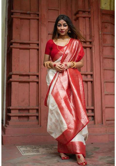 Off White Printed Jacquard Saree Set