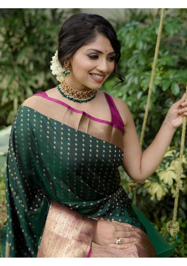 Green Woven Jacquard Saree Set - Indya