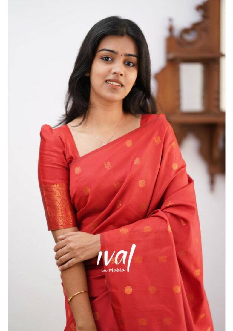 Red Woven Silk Blend Saree Set - Indya