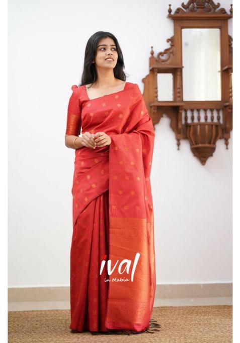 Red Woven Silk Blend Saree Set