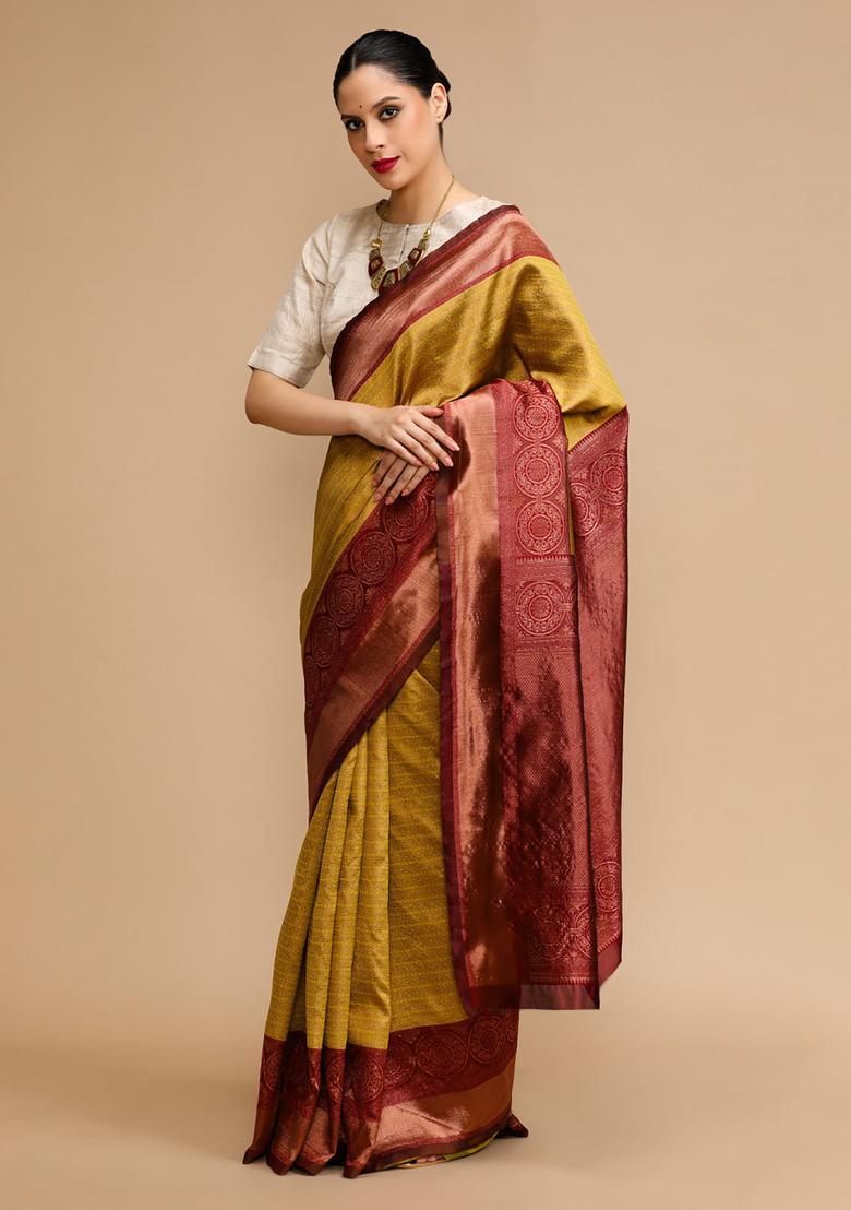 Mustard Woven Jacquard Saree Set - Indya