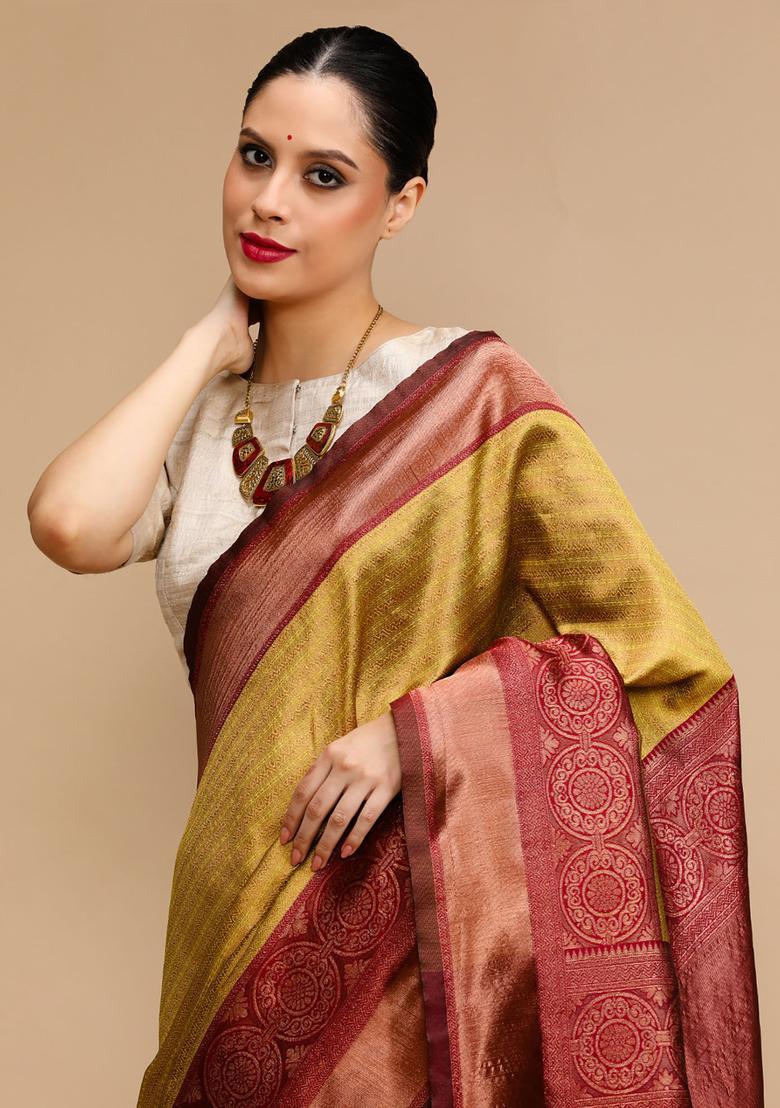 Mustard Woven Jacquard Saree Set - Indya