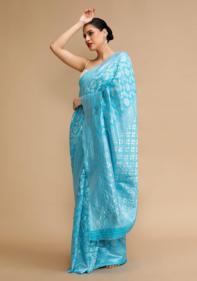Aqua Woven Jacquard Saree Set - Indya