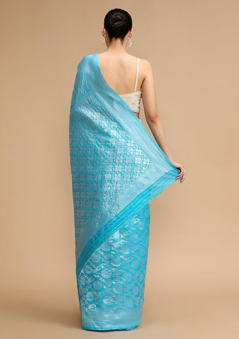 Aqua Woven Jacquard Saree Set - Indya