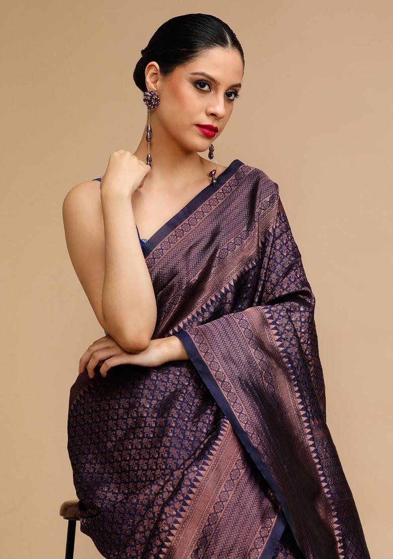 Navy Blue Woven Jacquard Saree Set - Indya