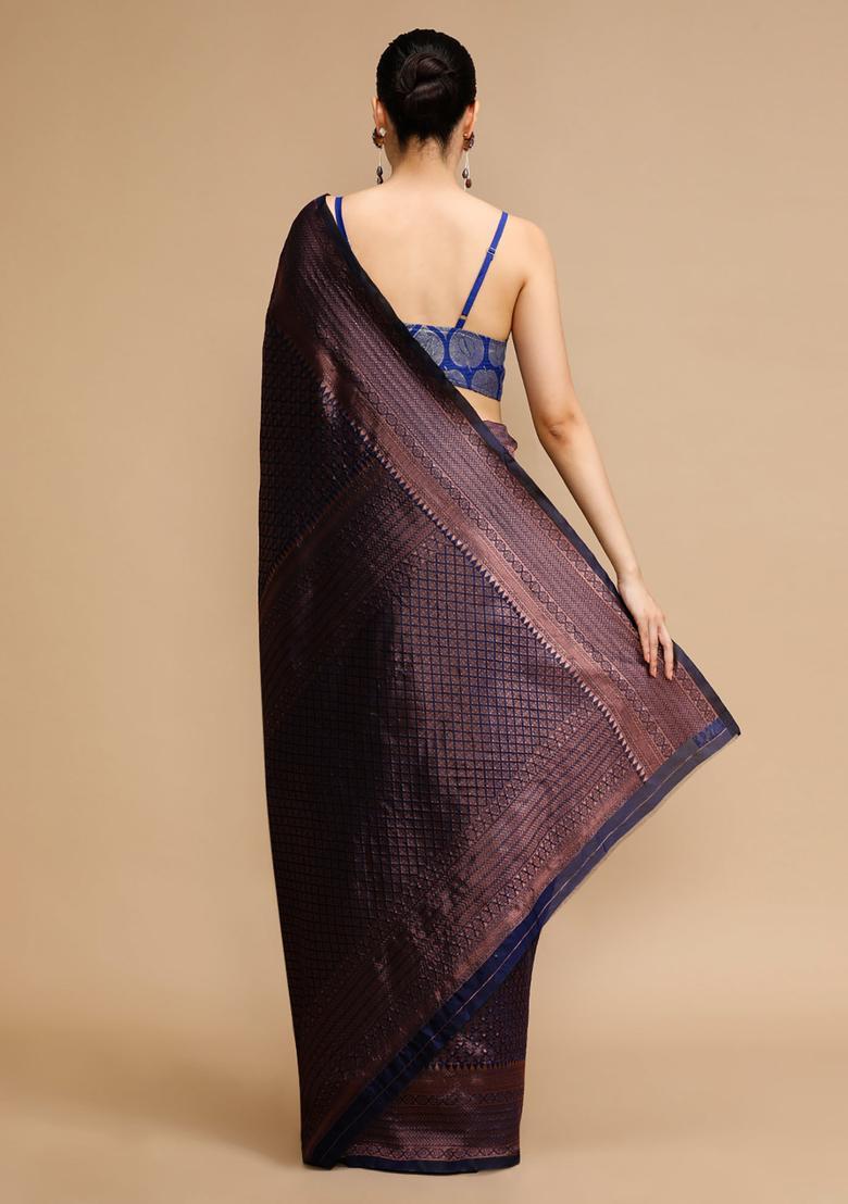 Navy Blue Woven Jacquard Saree Set - Indya