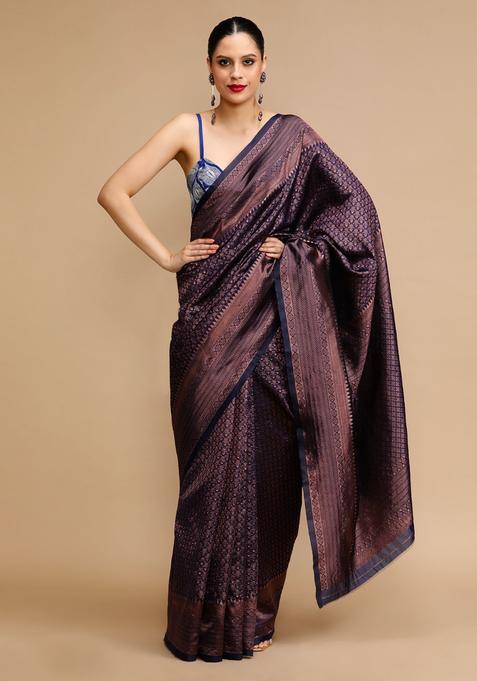 Navy Blue Woven Jacquard Saree Set