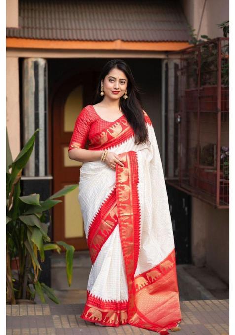 Red Woven Jacquard Saree Set