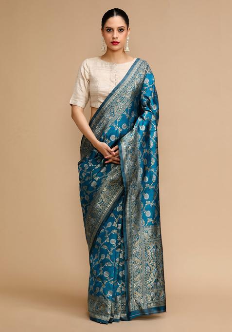 Teal Woven Jacquard Saree Set