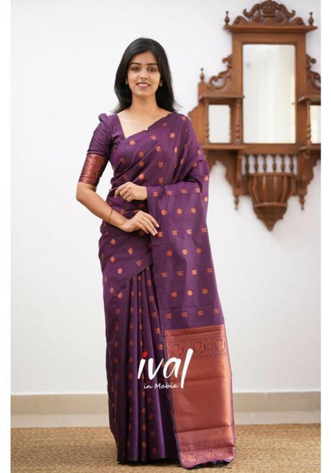Purple Woven Silk Blend Saree Set