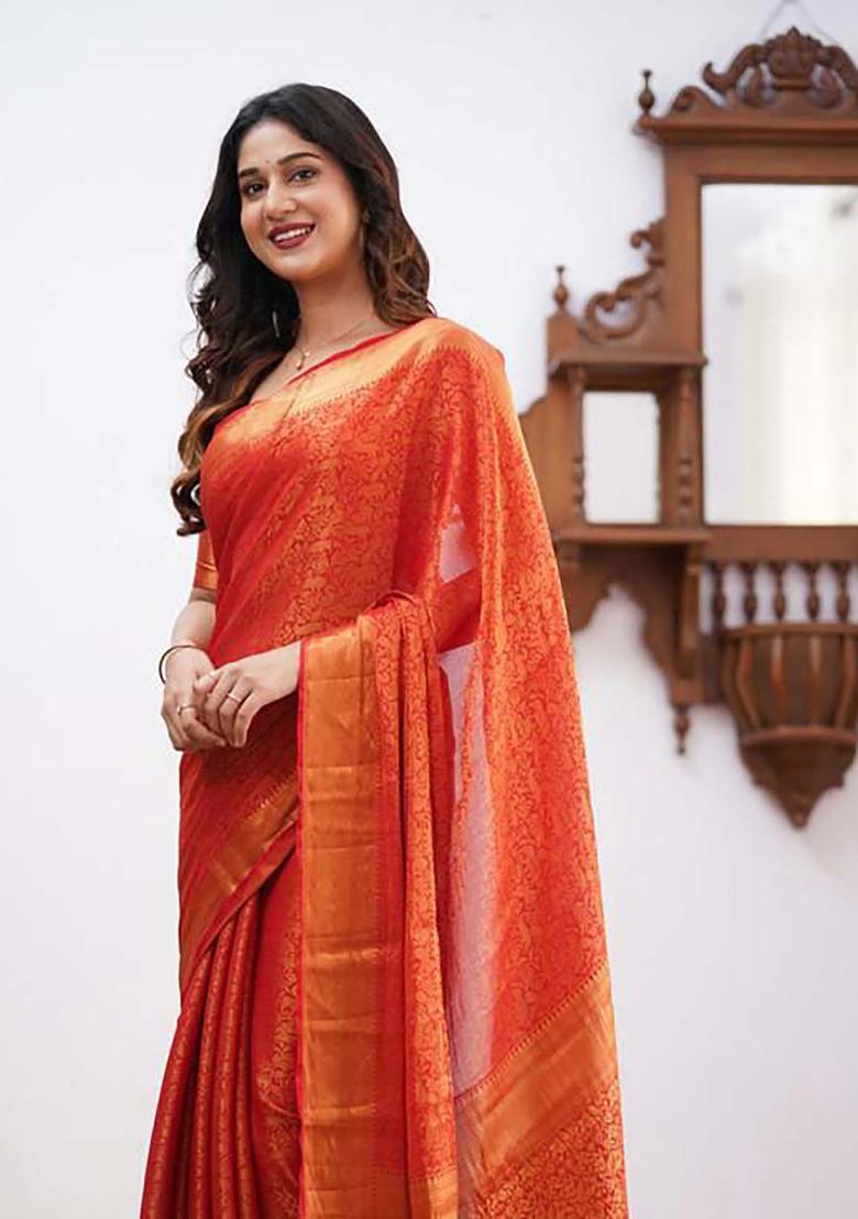 Orange Woven Silk Blend Saree Set - Indya