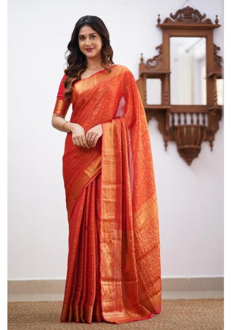Orange Woven Silk Blend Saree Set
