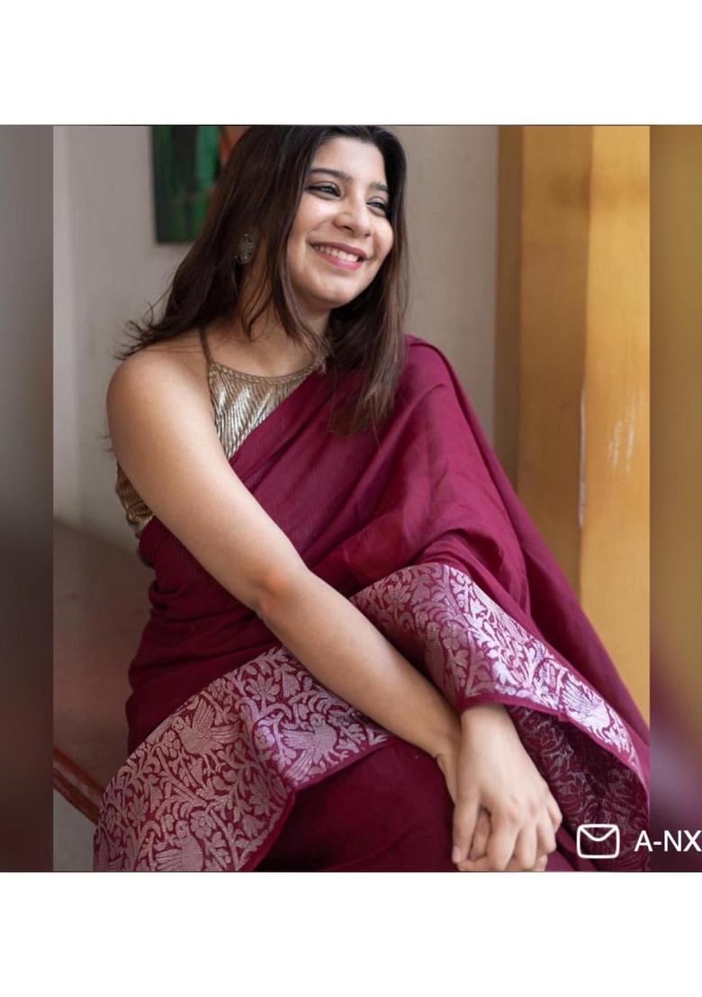 Magenta Woven Silk Blend Saree Set - Indya