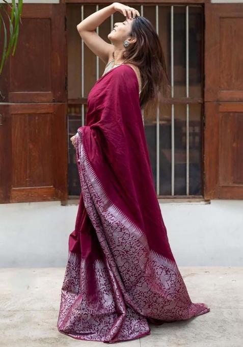 Magenta Woven Silk Blend Saree Set