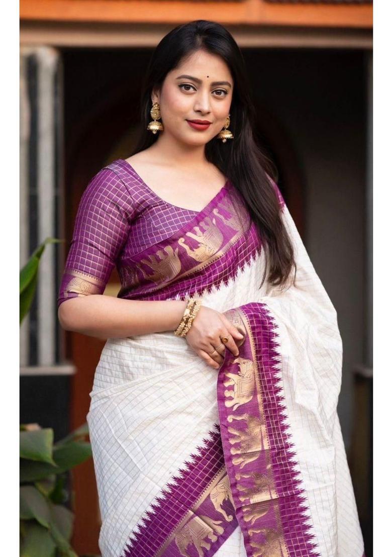 Purple Woven Jacquard Saree Set - Indya